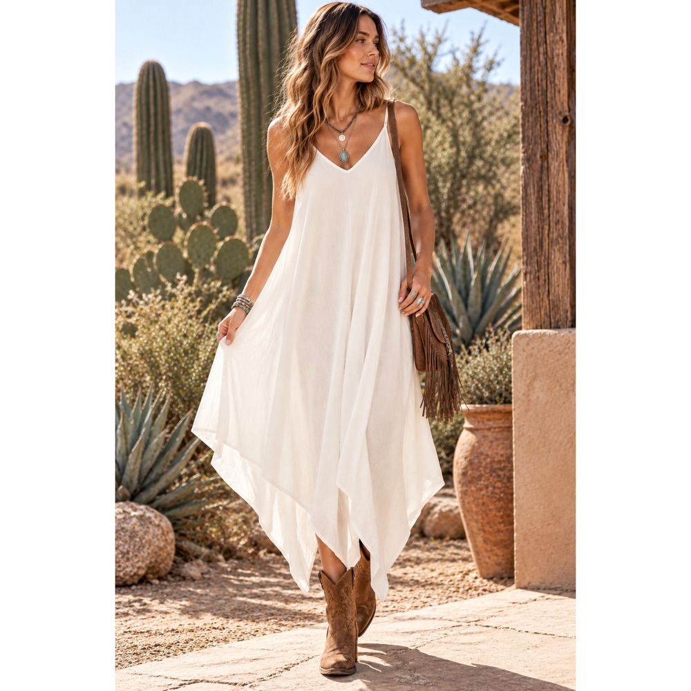Elan White Sheer Asymmetric Handkerchief Hem Slip Dress Boho Resort Midi Medium